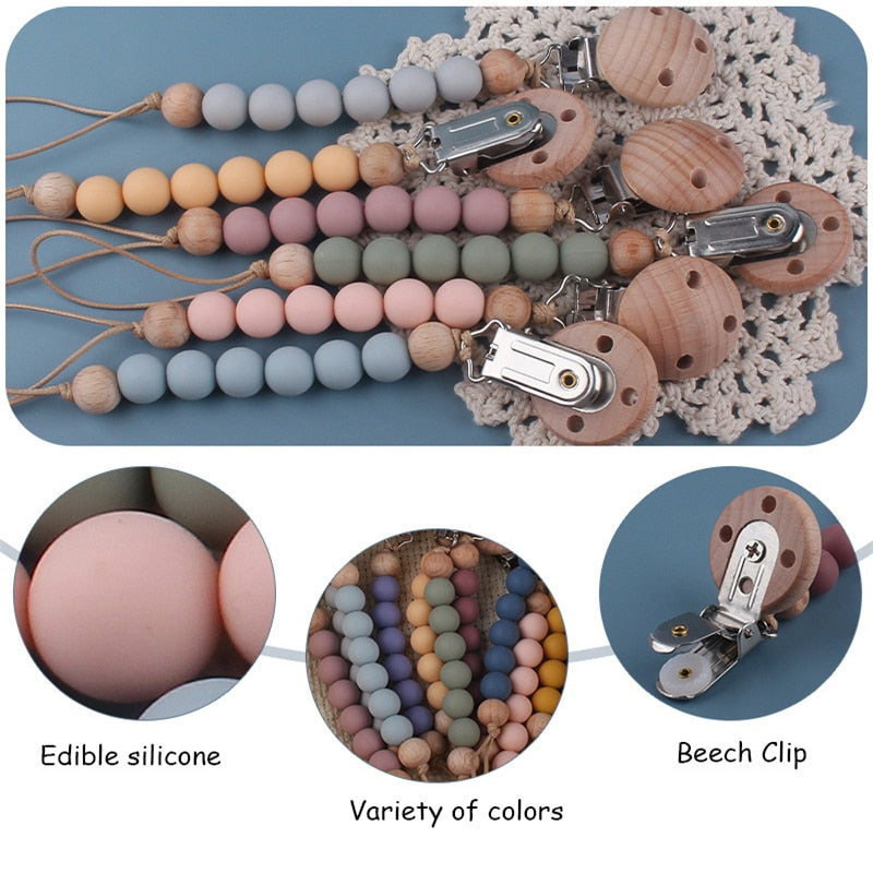 Beech Wood Chew Silicone Bead Pacifier Clips