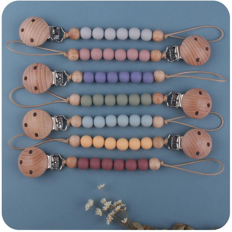 Beech Wood Chew Silicone Bead Pacifier Clips